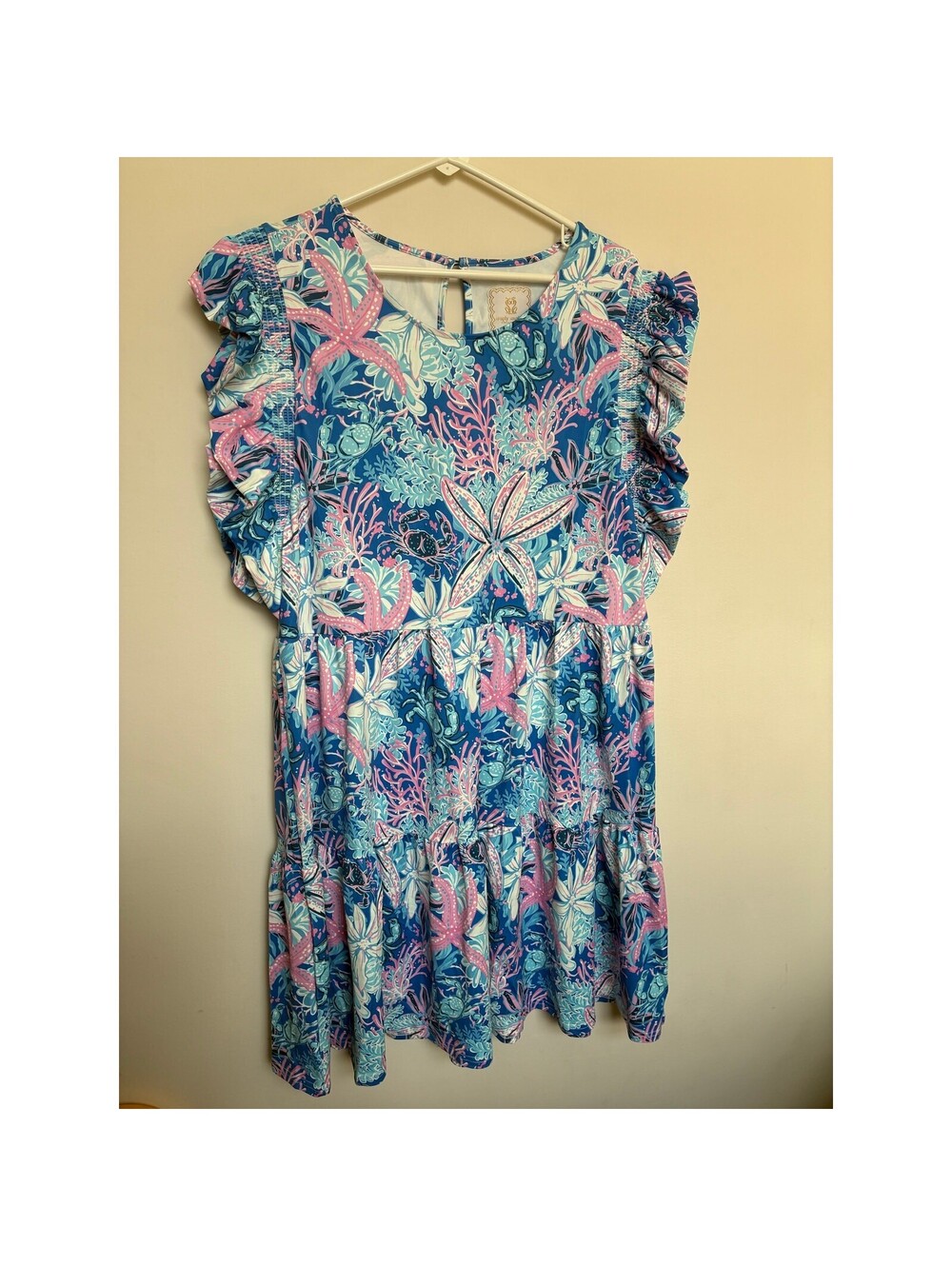 Simply Southern UPF 50 Blue Sea Life Ruffle Sleeve Dress L NWT